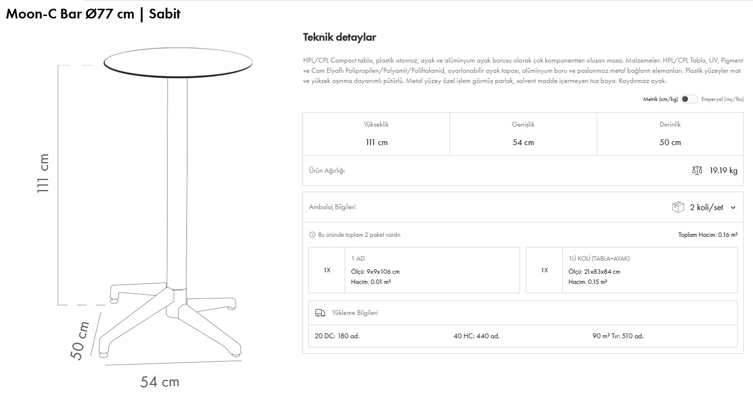 Moon-C Bar Masa Ø77